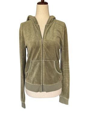 Vintage Y2K Juicy Couture Olive Green Velour Hoodie Zip Up Jacket size XL
